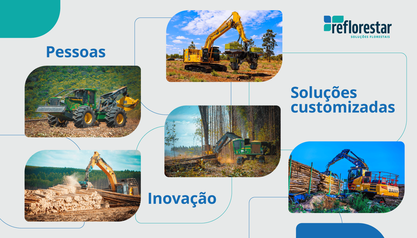 Montagem com fotos de maquinário da empresa Reflorestar.